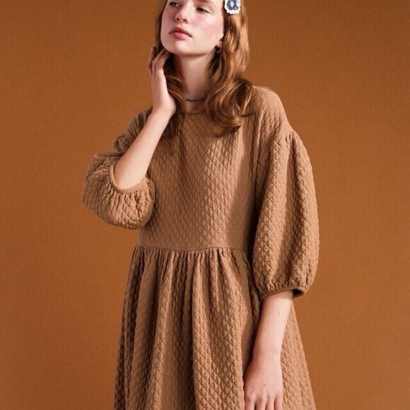 Hansel From Basel Sonja Quilted Dress (Size 1 or S) Camel Midi Modest Oversized - Picture 4 of 13